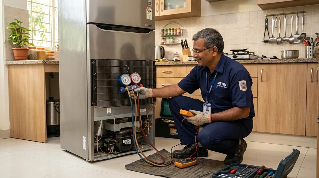 Indian male technician testing refrigerator compressor with manifold gauges in Hosur