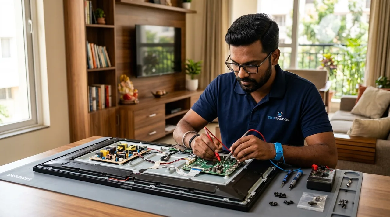 Indian male technician repairing 55-inch smart LED TV in Hosur